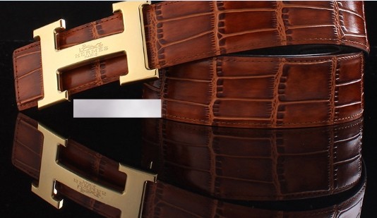 Hermes 2014 Crocodile Stripe Leather Reversible Belt Light Coffe